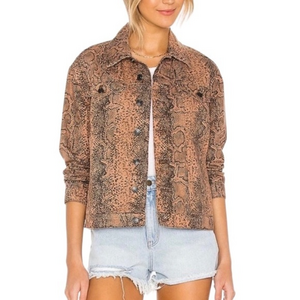 Free People Brown Snake‎ Reptile Animal Print Trucker Jacket Size Medium